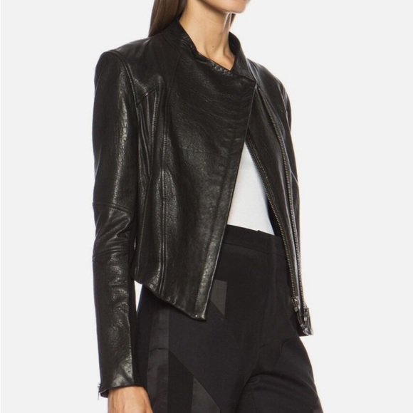 Helmut Lang Blistered Asymmetric Leather Jacket with cloth detailing on sleeves - Picture 2 of 7